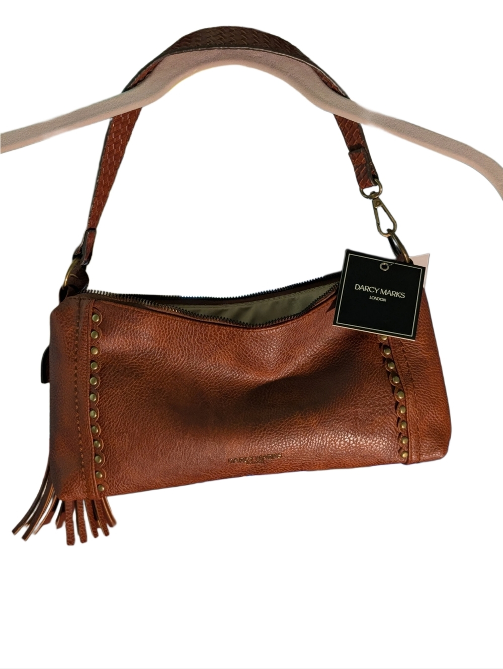 Darcy Marks Tan Faux Leather Stud-Accent Fringe Detail Mini Bag Purse